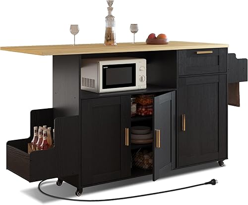 Miniatura 12 de Isla de cocina móvil rodante con almacenamiento y hoja caída, mesa de isla con toma de corriente y rueda de encimera (negro, modelo 1.2)