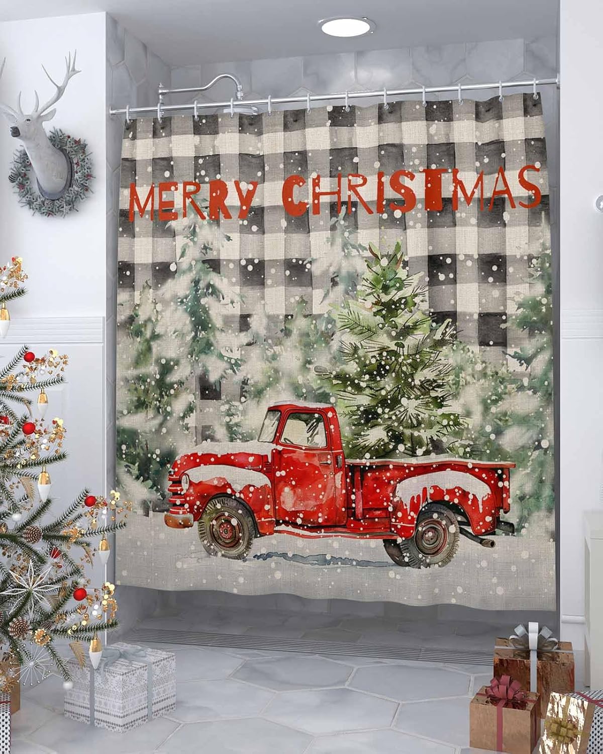 Christmas Shower Curtain Set with Hook 72" x 96",Snowy Pine Tree Red Truck Black Grey Plaid Washable Cloth Polyester Fabric Shower+Curtain,Waterproof Bath Curtains for Bathroom,Showers,Bathtubs Decor