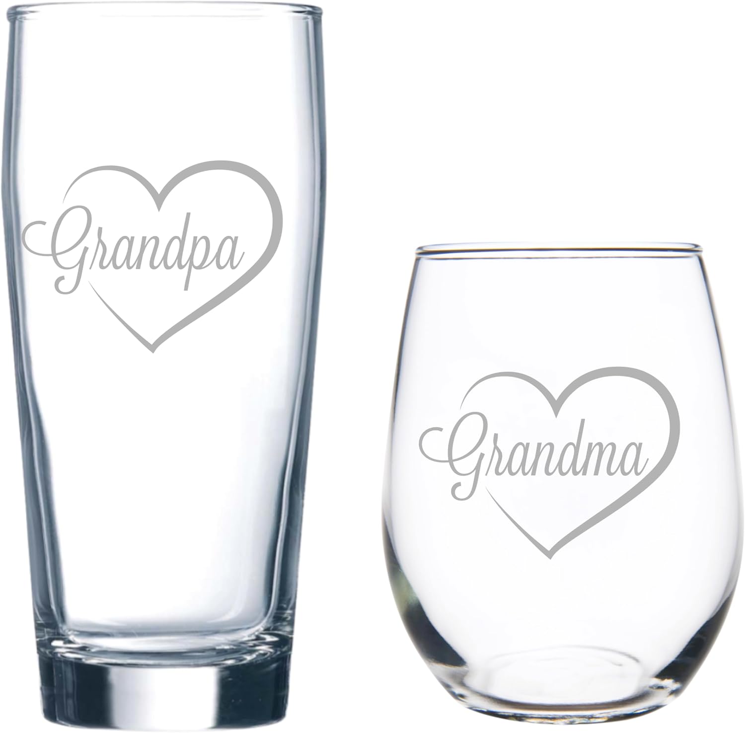 C M Grandpa 20 oz. Beer Glass and Grandma 15 oz. Stemless Wine Glass in Heart Design - Set of 2 Glass for Men and Women