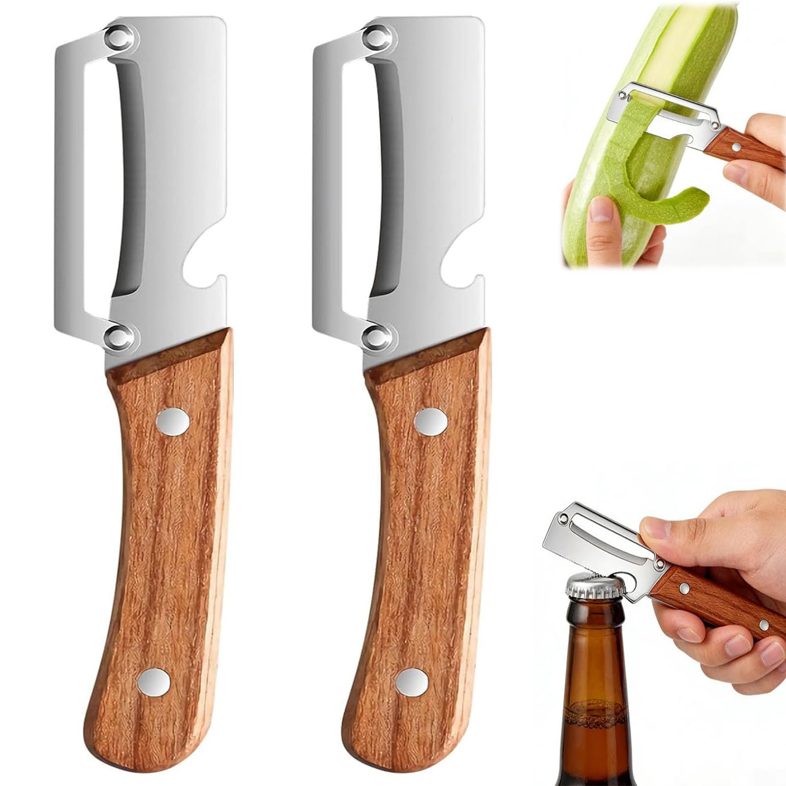 Photo 1 of 2 Pack Multifunctional Vegetable Peeler, Peelers for Kitchen with Bottle Opener, Zero Snag Wooden Peeler, 2 in 1 Stainless Steel Peeler with Wooden Handle, Potato, Fruit, Pumpkin