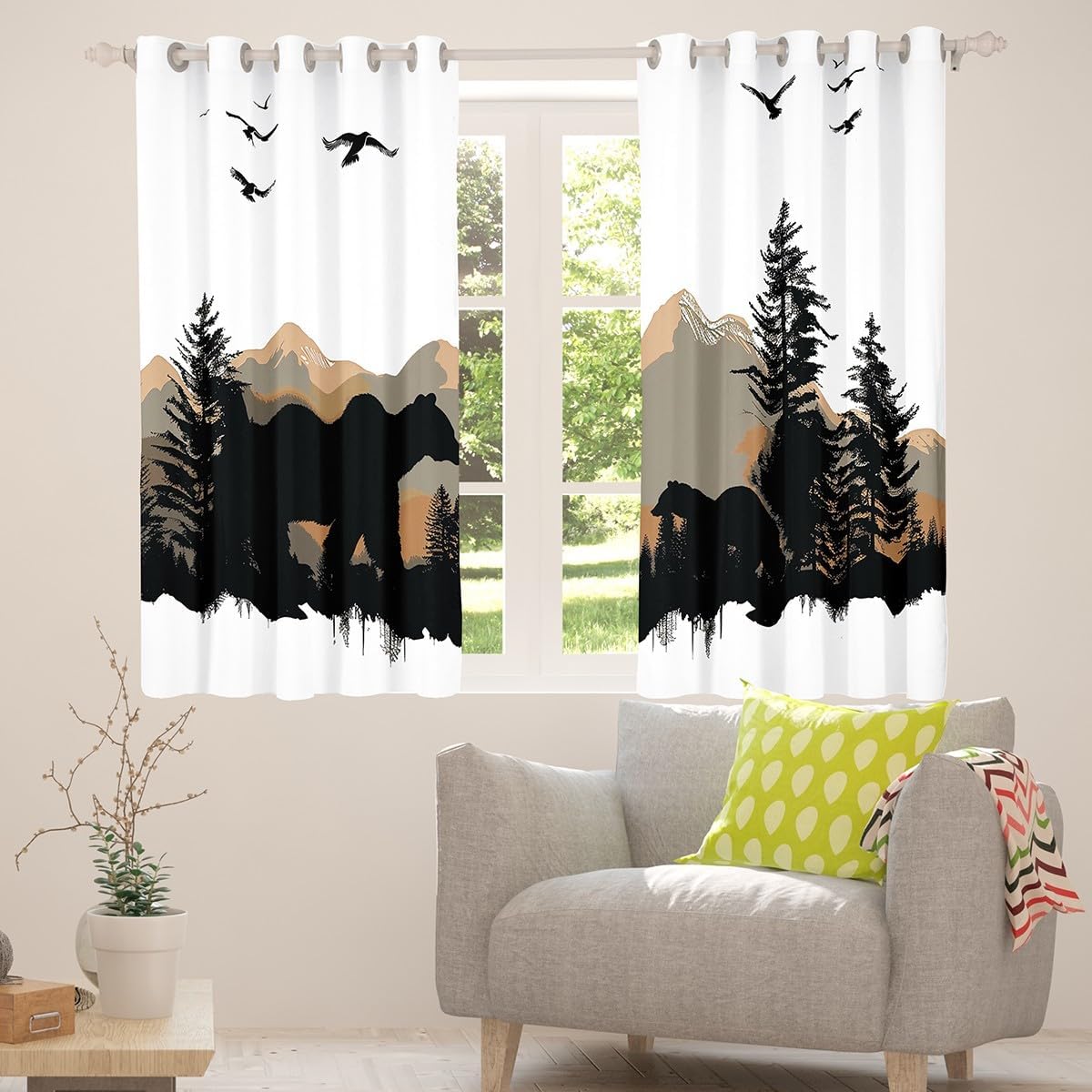 Feelyou Cute Bear Curtains for Bedroom Wild Animal Blackout Curtains Rustic Cabin Country Nature Wildlife Bear Darkening Drapes (2 Panels, 42 x 63 Inch) Brown Mountain Window Treatments