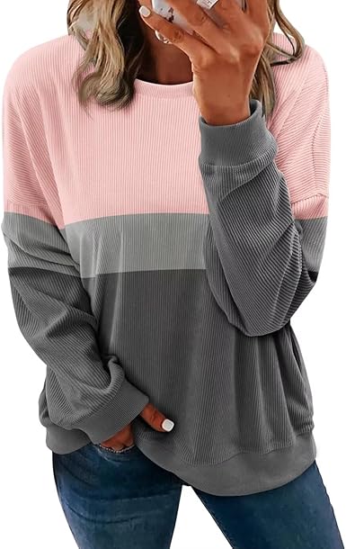 KISSMODA Womens Casual Long Sleeve Sweatshirts Color Block/Solid Tops Corduroy Crewneck Tunic Pullover with Pockets