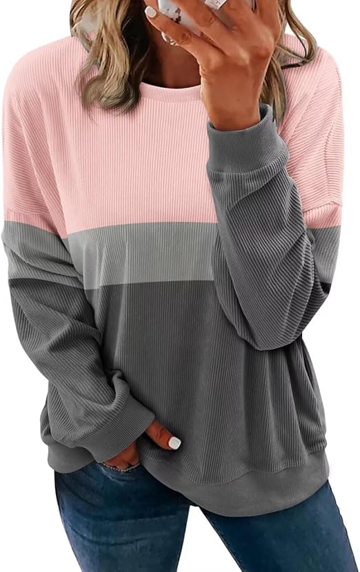 KISSMODA Womens Casual Long Sleeve Sweatshirts Color Block/Solid Tops Corduroy Crewneck Tunic Pullover with Pockets