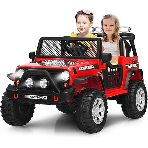 Costzon 2-Seater Ride on Truck, 12V Battery Powered Electric Vehicle w/Remote Control, 2 Speeds, Spring Suspension, LED Light, Horn, Music/ MP3, 2 Doors Open, Ride on Car for Kids (Red)