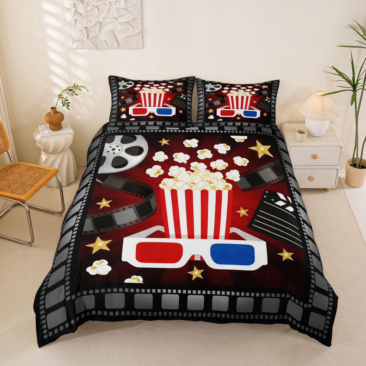 Housse de couette 200x200 cinema vintage parure de lit microfibre avec fermeture eclair
