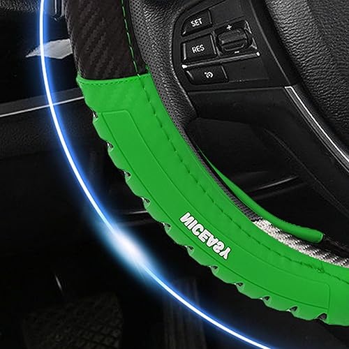 Miniatura 4 de Funda de volante de fibra de carbono negra de estilo deportivo con accesorio de volante de agarre verde, ajuste universal para volante de 14.75-15