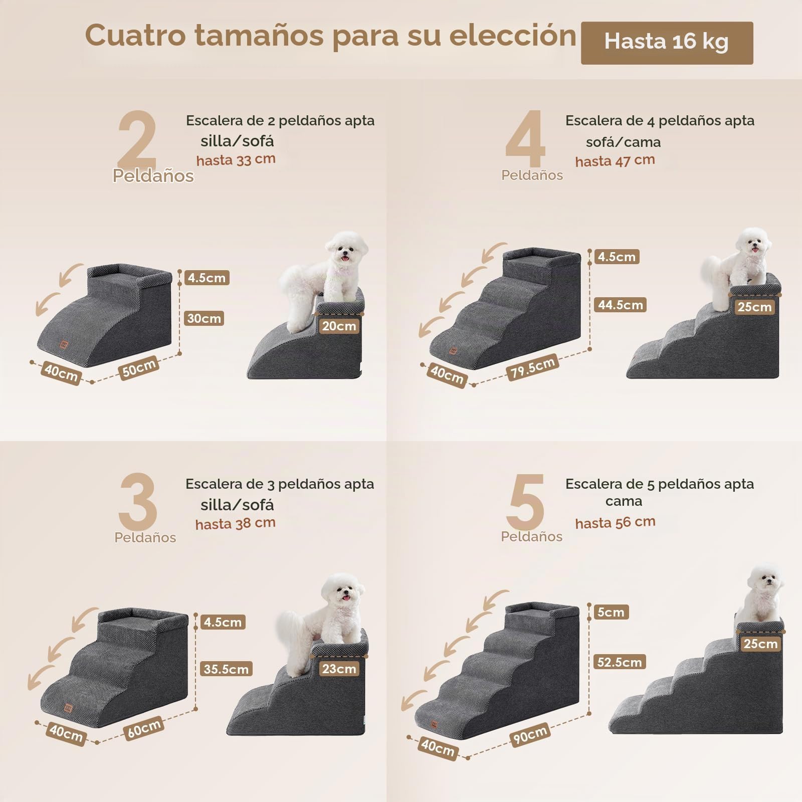EHEYCIGA Escalera Perros 3 Peldaños, Rampa Perro para Cama y Sofá, Gris | Espuma Alta Densidad, Base Antideslizante, Funda Lavable, 40x60x35.5 cm, para Perros Pequeños y Grandes, Mascotas Mayores