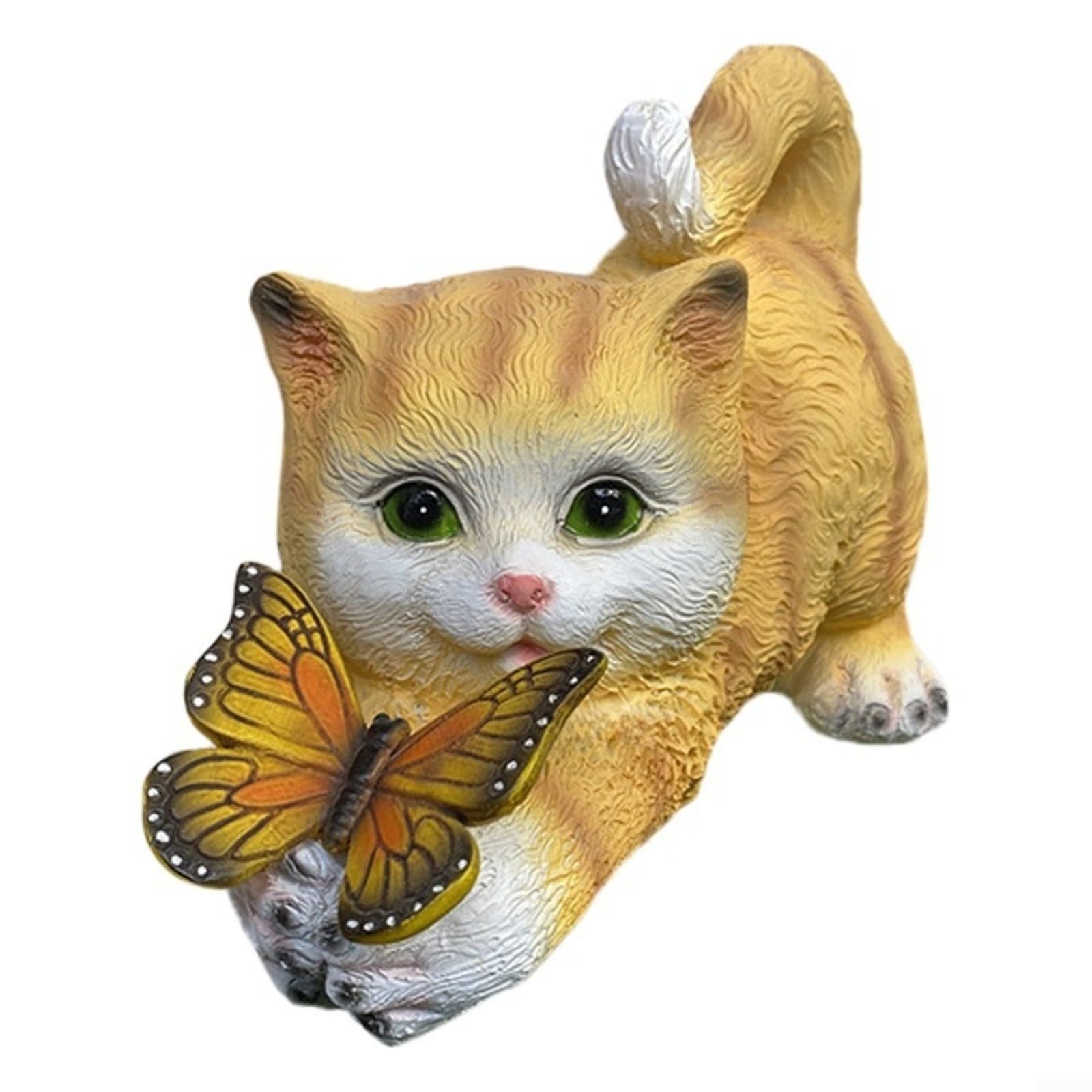 Fauhapyway Statua a forma di gatto in resina a energia solare, con farfalla, si accende automaticamente, decorazione per esterni, per patio, cortile, giallo, grigio (gattino giallo)
