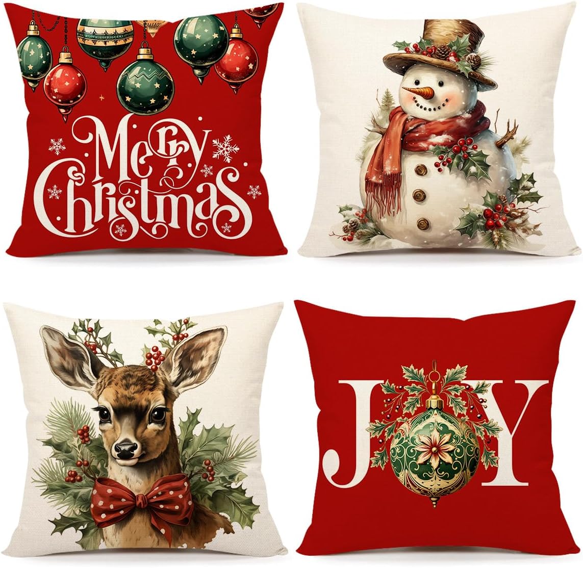 4TH Emotion Christmas Pillow Covers 18x18 Set of 4 Red White Farmhouse Xmas Decorations Snowman Deer Joy Winter Holiday Decor Throw Cushion Case for Home Couch S24C04
