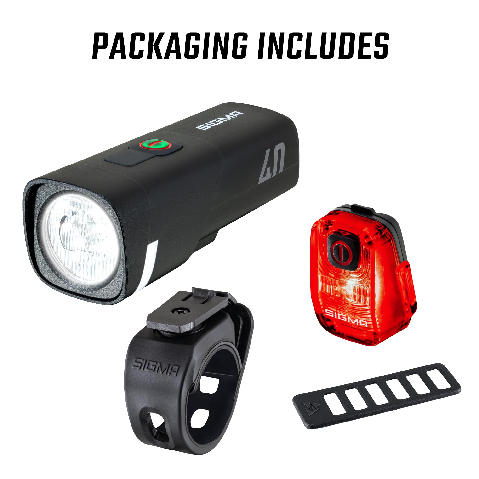 SIGMA Zestaw świateł rowerowych LED Aura 40/Hiro 10 | dopuszczone do ruchu drogowego (obowiązują przepisy lokalne), zasilane akumulatorowo światło przednie i tylne | odporne na warunki atmosferyczne