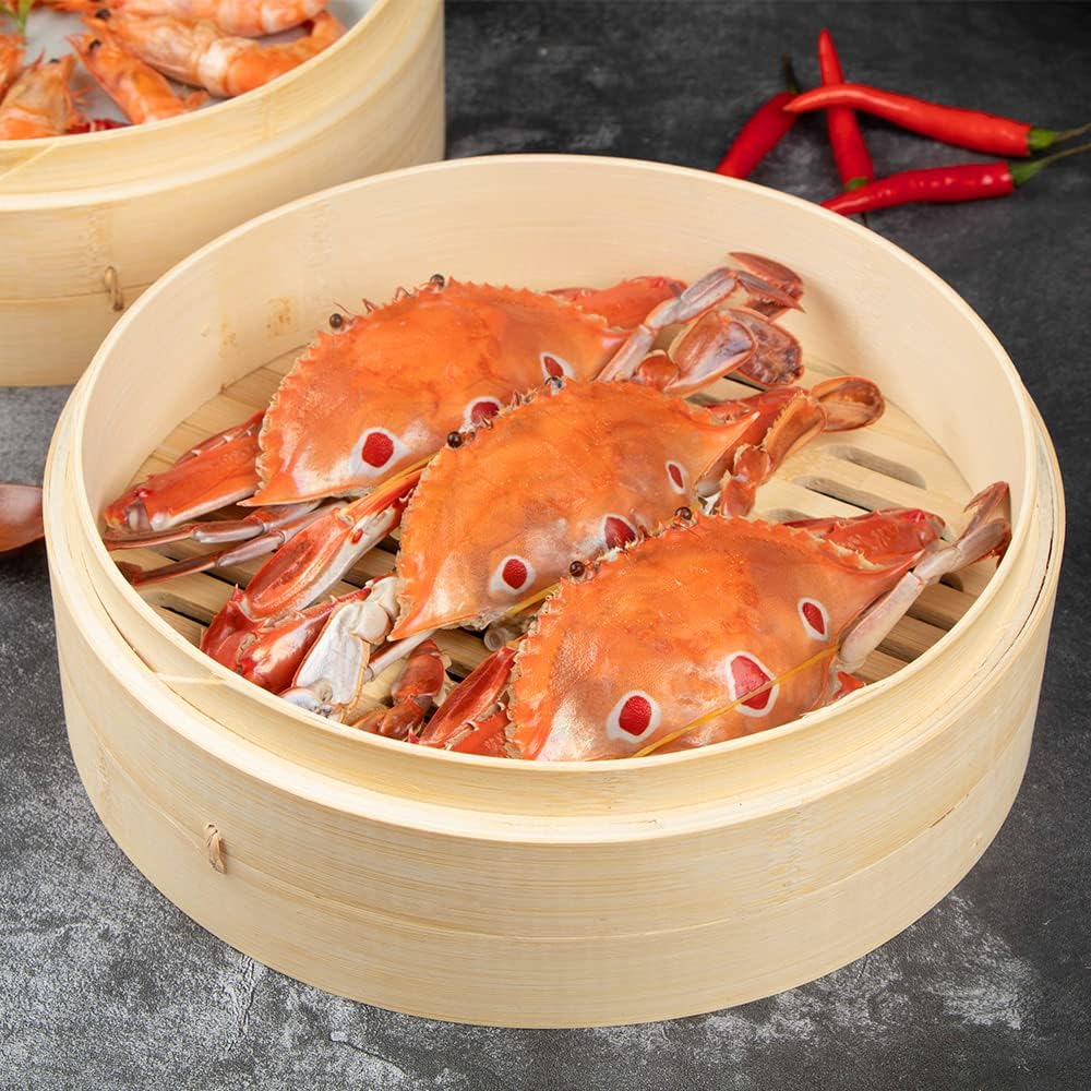 Premium 12 Inch Handmade Bamboo Steamer, 2 Tiers Steam Basket for Dumpling Dim Sum Bao Bun Rice Vegetables Meat & Fish Chinese Food, Present 2 Cotton Liners