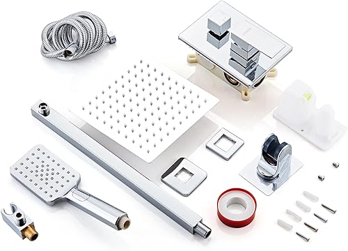 Vista 22 de Juego completo de grifo de ducha con sistema de ducha con boquilla de bañera, montado en la pared con cabezal de ducha de lluvia de 10 pulgadas