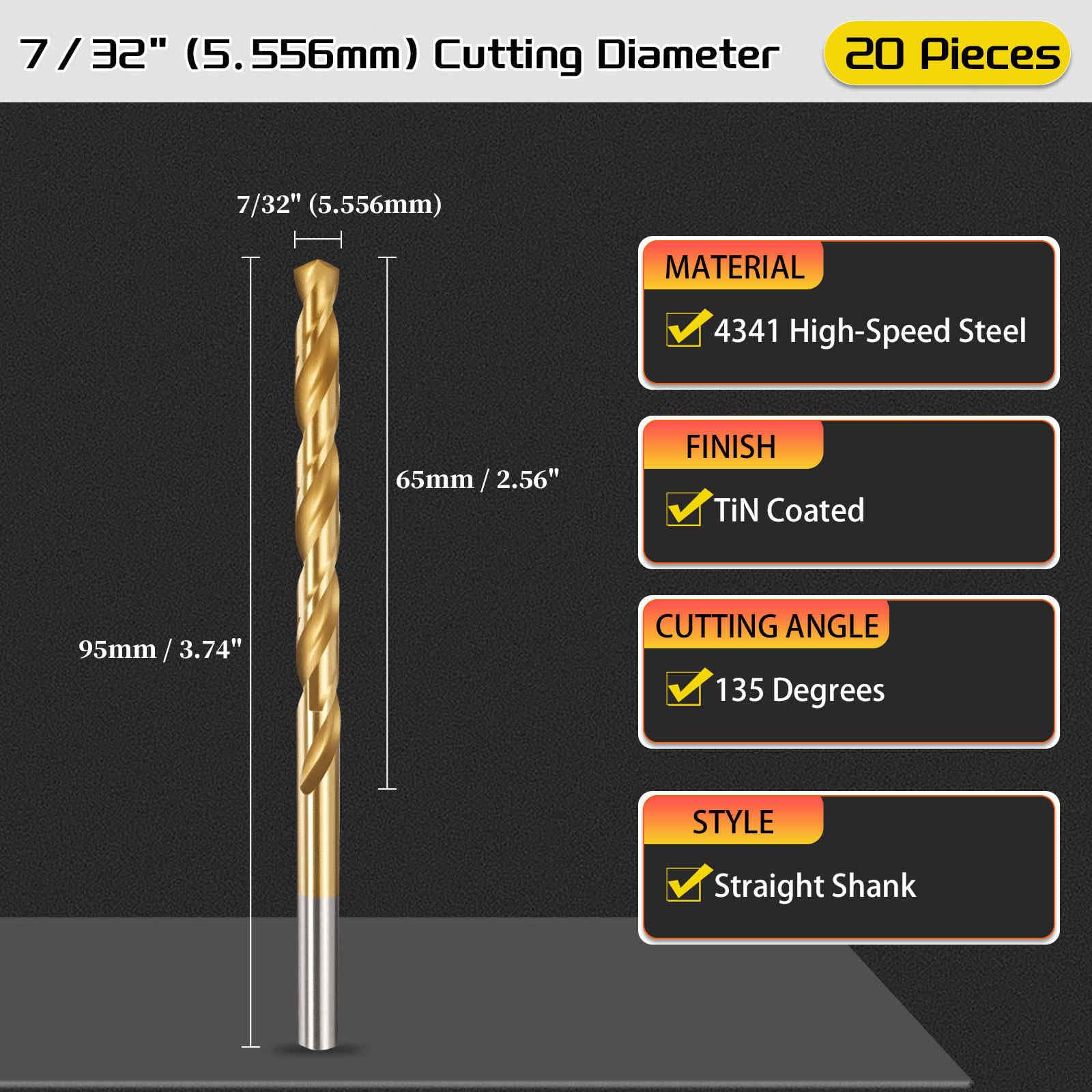 CoCud 5.6mm Drill Bit, 7/32" Cutting Diameter, 4341 HSS Jobber Bits TiN Coated 135° Cutting Angle - Image 2