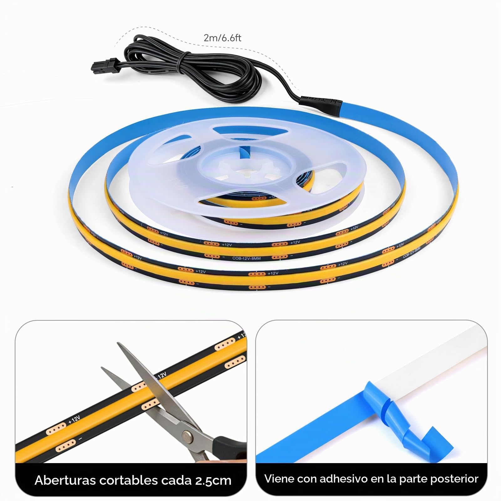 Tira LED COB,6 rodillos de iluminación para muebles con regulador táctil y detección de barrido de mano,tira LED COB cortable de 12V para vitrinas,bodegas,cocinas y estantes (2M,Blanco Cálido)