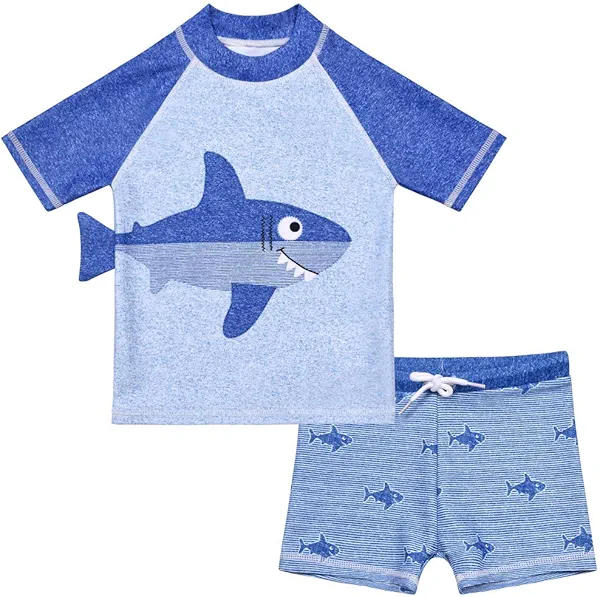 Cadocado Baby Boys 2-Piece Swimsuit Short Sleeve Rash Guards Shirt with Swim Trunk Bathing Suit Swimwear UPF 50+