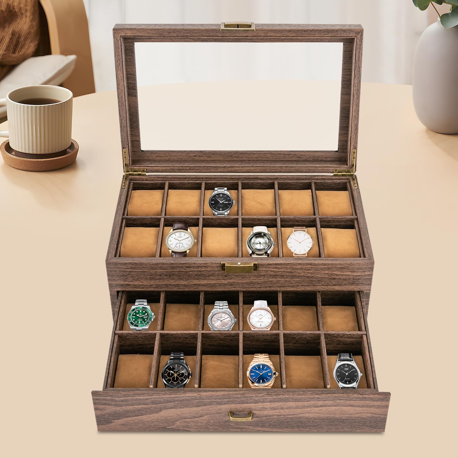 Cassetta Orologi Con Vetro, Contenitore 24 Orologi Uomo Donna | Elegante scatola porta‑orologi con 2 ripiani per 24 orologi, trasparente coperchio in vetro, riparazione dalla polvere, splen