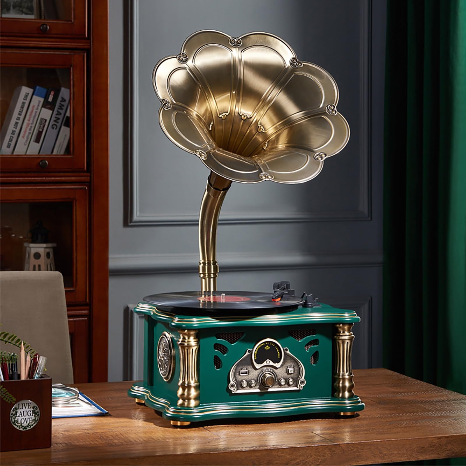 Giradischi vintage – Bluetooth giradischi fonografo con corno in ottone per 33/45/78 giri/min, telecomando senza fili, perfetto per la decorazione della casa