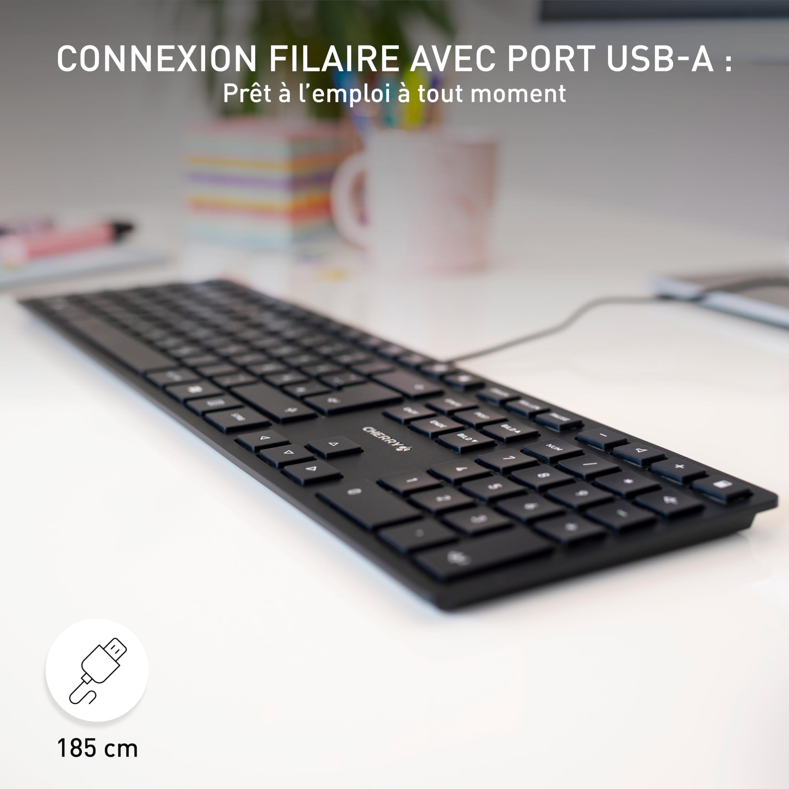CHERRY KC 6000 Slim, Clavier au Design Ultra-Plat, Disposition française (AZERTY) Filaire (Port USB-A), Touches silencieuses, Marquage Durable, Noir