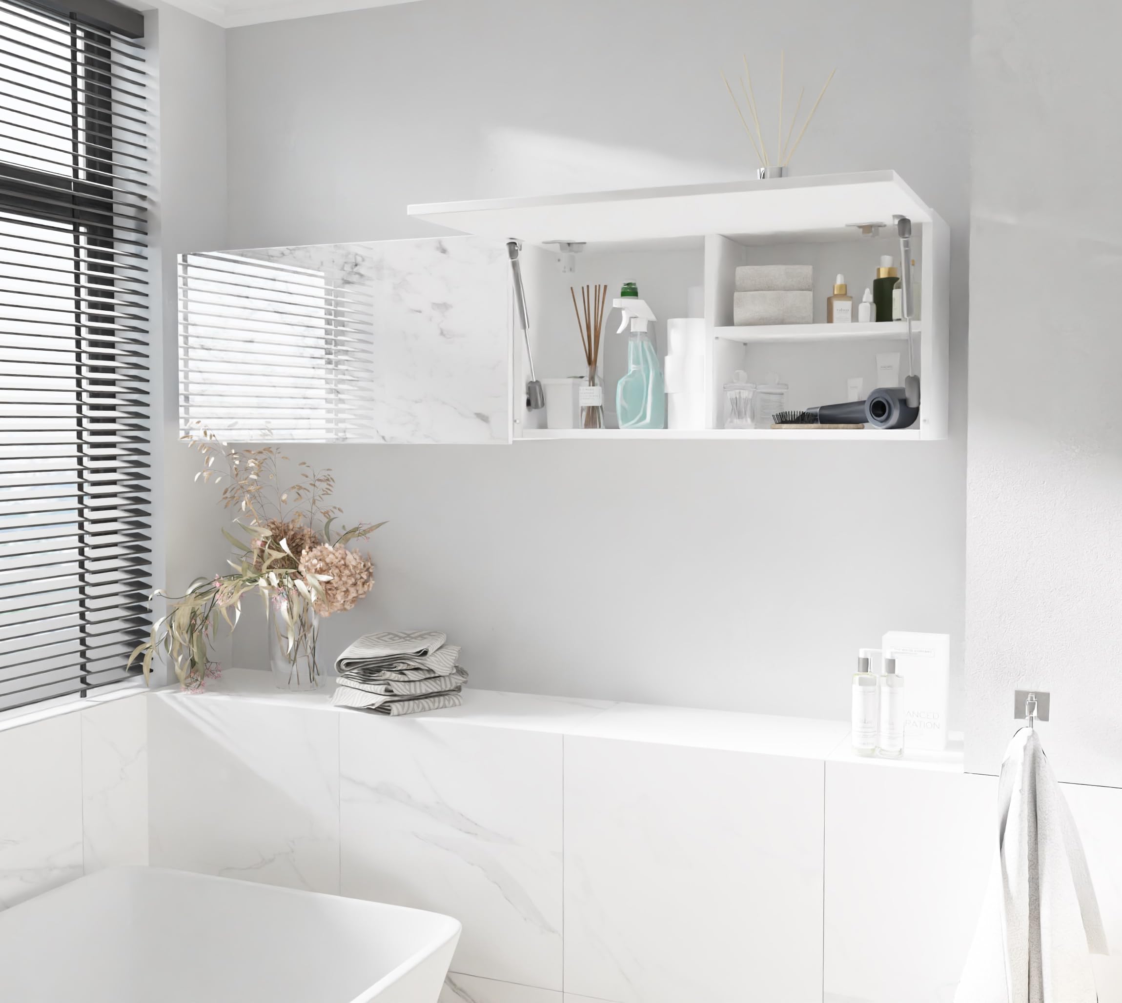 PLATAN ROOM - Armadietto da bagno, larghezza 80/120/160/200/240 cm, mobiletto da bagno pensile con anta ribaltabile (bianco opaco o marmo lucido 80 x 40 x 25 cm)