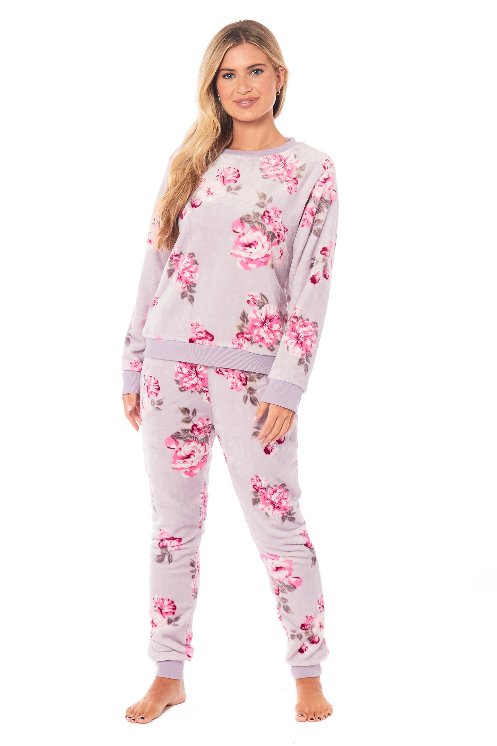 Daisy DreamerWomens Printed Floral Fleece Pyjama Set Long Sleeve Top and Pajamas Bottoms Soft Sleepwear Nightwear Loungewear Warm Thermal Pjs Lounge Sets for Ladies