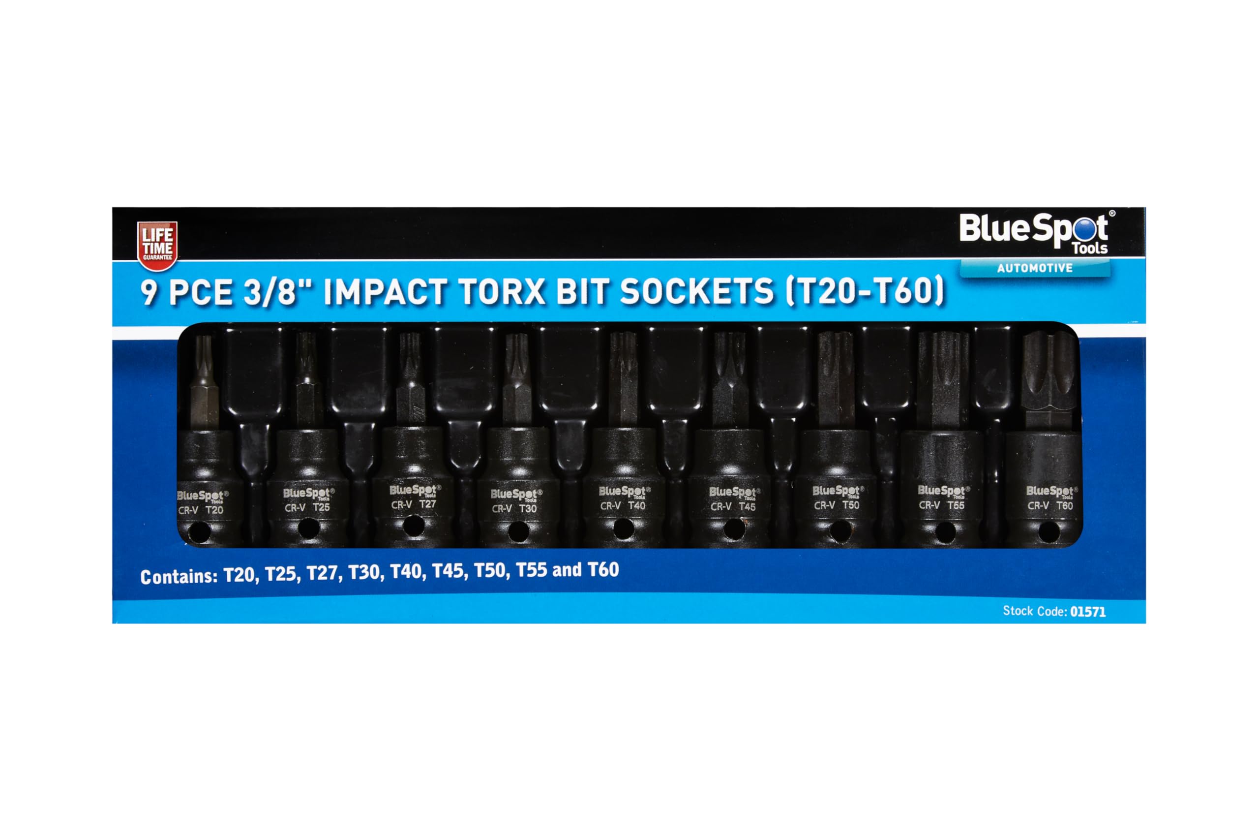 Blue Spot 01571 Impact Key Torx Bit Socket Set T20 - T70 Bits 3/8"" Drive 9 Piece