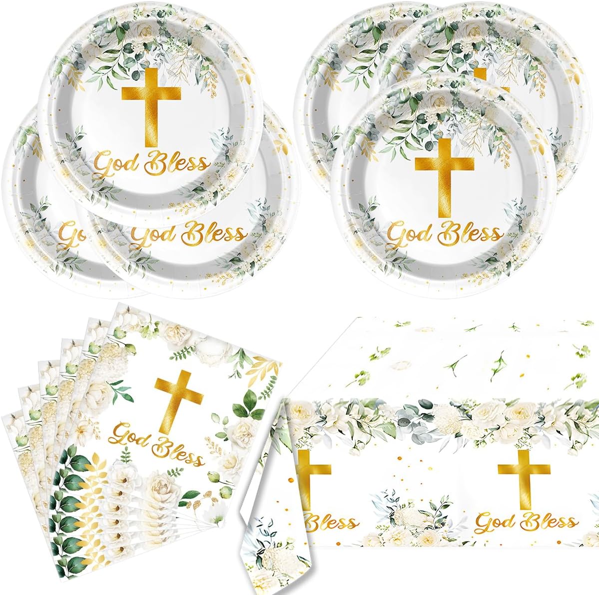 OULUN God Bless Tableware Set，First Communion 20 Plates and 20 Napkins and Tablecloth42'' x 70'',For Newborn Baptism Church Party Decoration