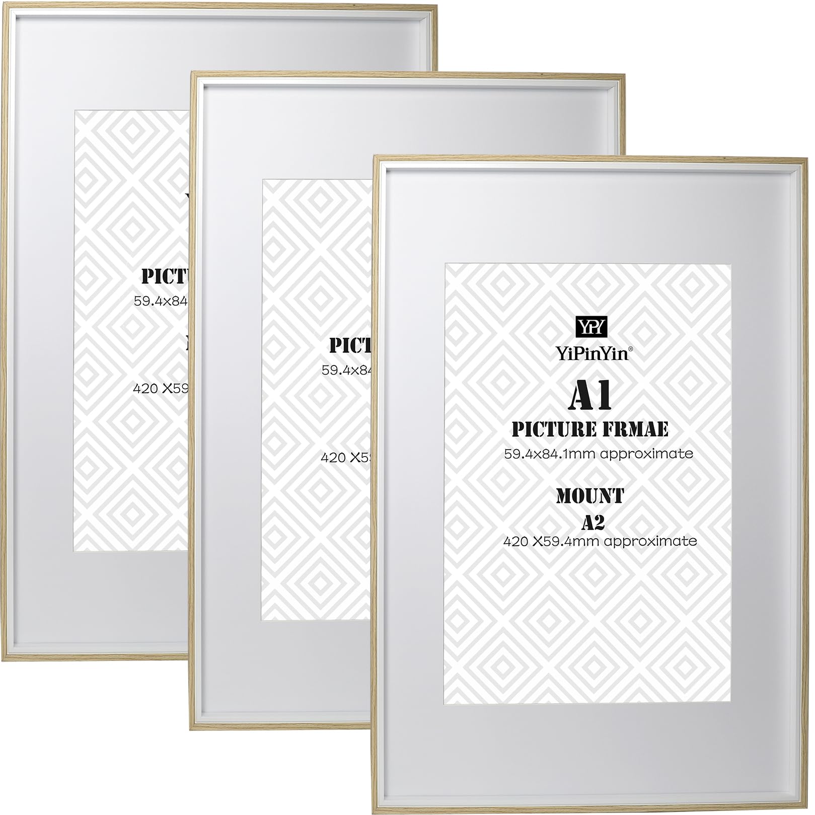 Wooden A1(59.4x84.1cm) Picture Frames With Whit Inlay 3 Pack, with Acid Free Mounts for A2(42x59.4CM), A1 boxed photo frames 3pack,A2 wooden Effect Poster Frame with Mount A2 photo
