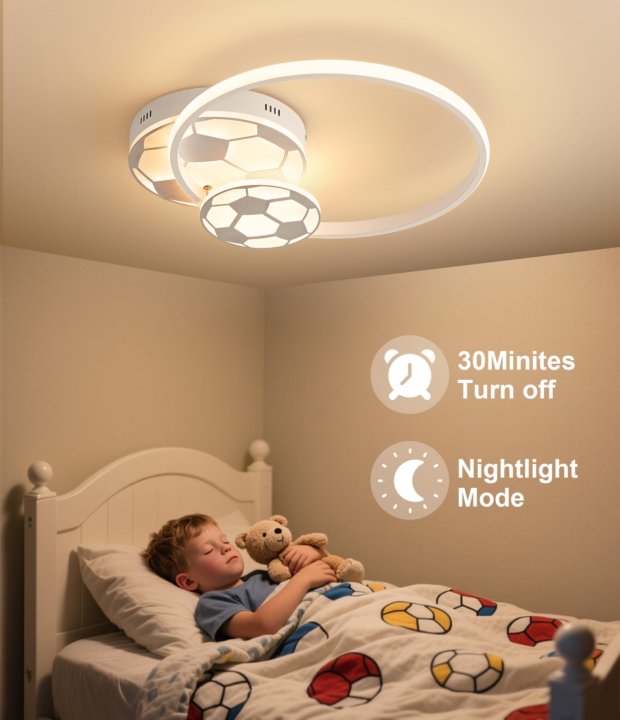 KAUCQI Plafondlamp voor slaapkamer, led, voetbal, 35 cm, 3000 K - 6000 K, dimbaar met afstandsbediening, 3000 K, 6000 K, moderne witte plafondlamp voor kinderen, jongens, slaapkamer
