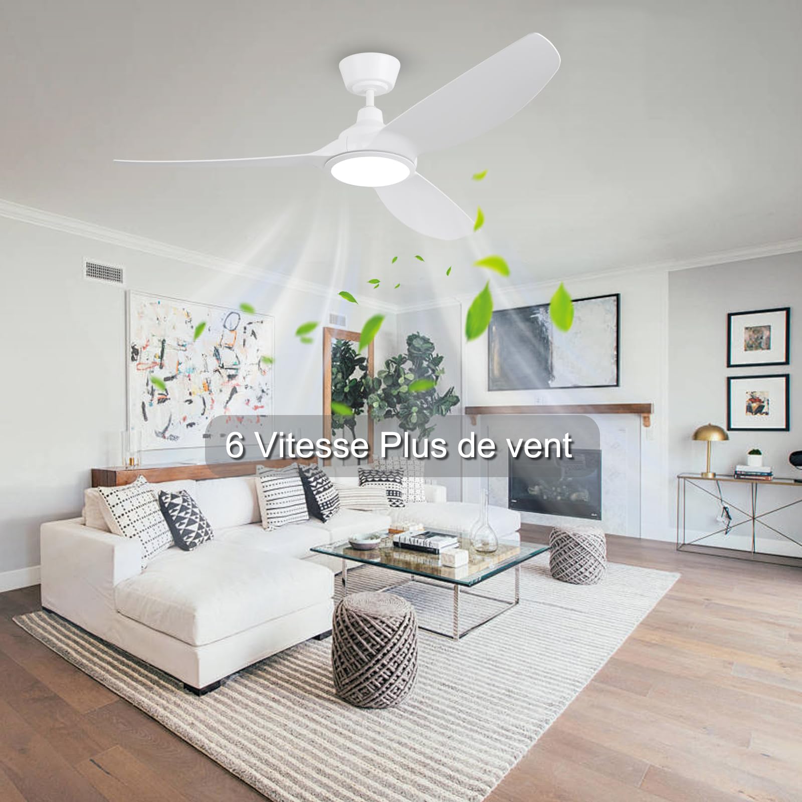 Ovlaim Ventilateurs de plafond blancs intelligents 132 cm avec lumières | et télécommande, moteur DC silencieux à haut débit d'air, ventilateurs de plafond modernes à 3 pales