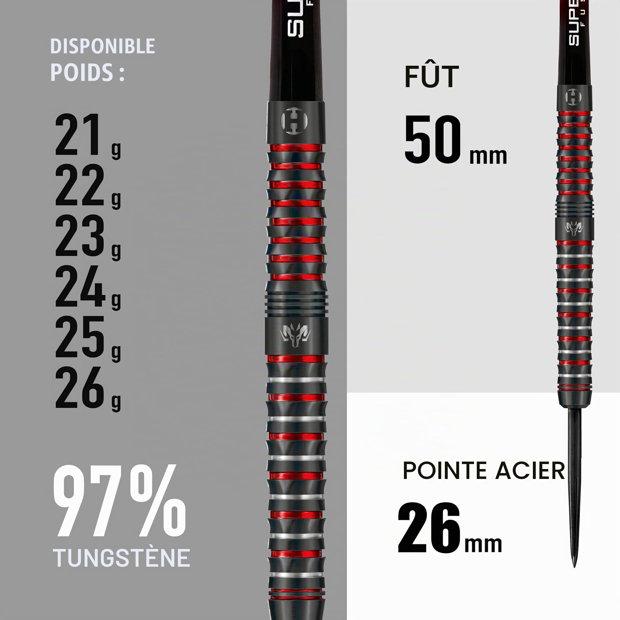 Harrows Wolfram Infinity Jeu de fléchettes en tungstène avec Pointe en Acier – 97% tungstène – 21 g, 22 g, 23 g, 24 g, 25 g, 26 g – Comprend des tiges Fusion Supergrip et ailettes Prime