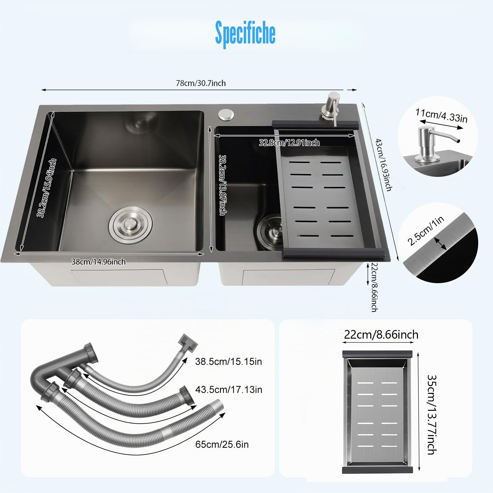 lavello in acciaio inox, doppio bacino nero 78x43x22cm, lavello da cucina con 2 bacini complanari, incluso sgocciolatoio, distributore di sapone, sifone e troppopieno