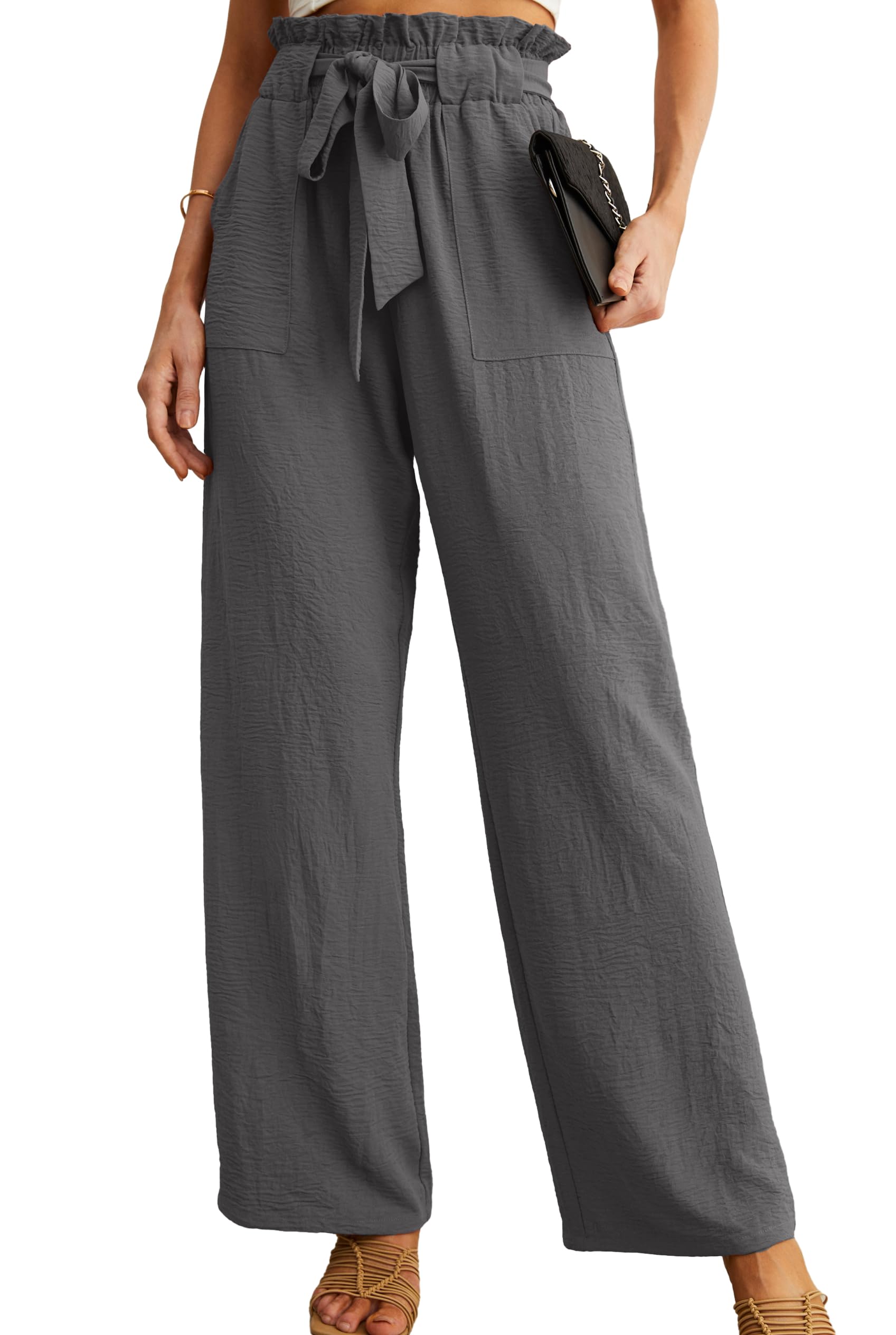 IWOLLENCE Women’s Wide Leg Pants with Pockets High Waist Adjustable Knot Loose Casual Trousers Business Work Casual Pants