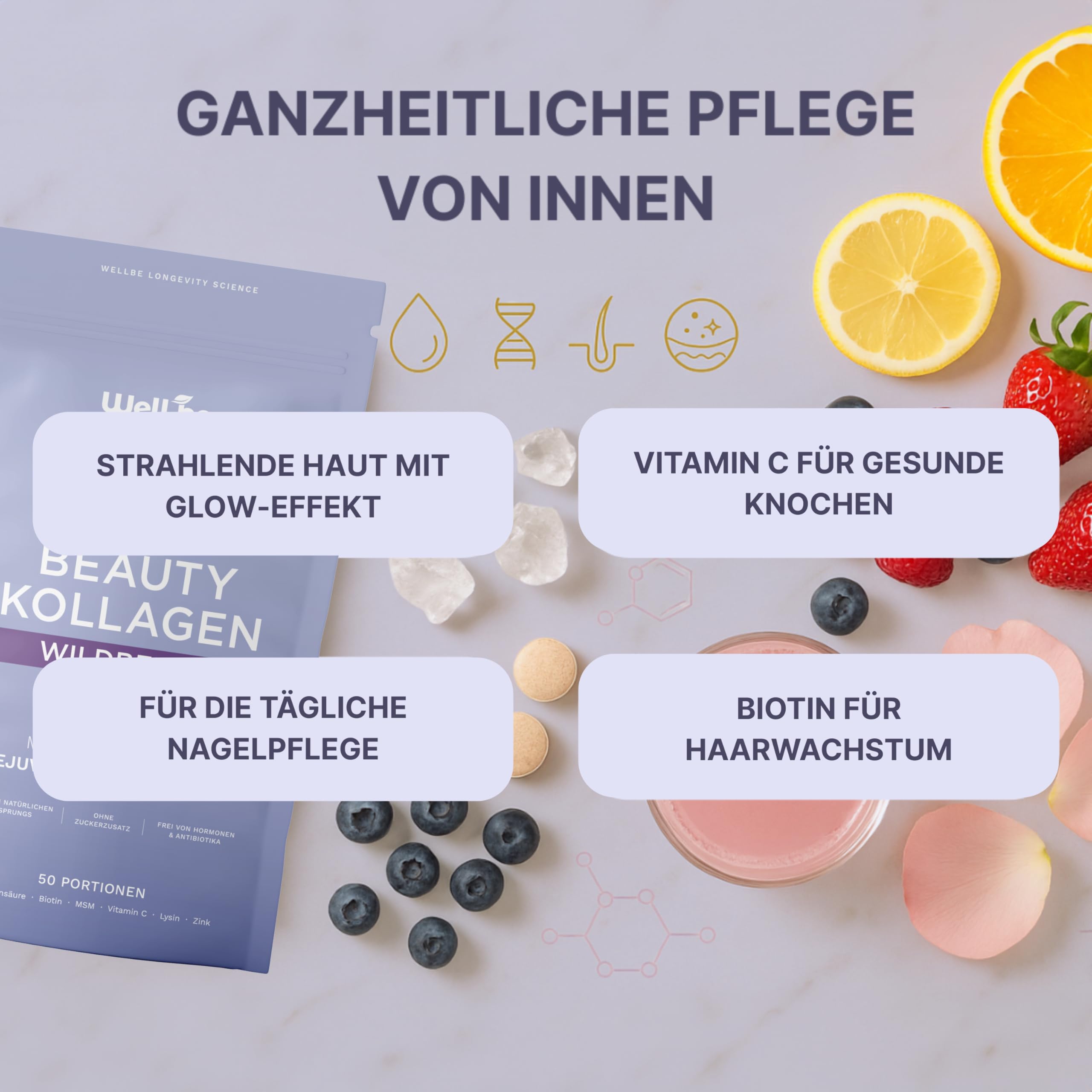 Wellbe Kollagen Pulver Wildberry - hochdosiert mit maximal bioaktivem Kollagen Hydrolysat, Biotin, Zink, Vitamin C & Hyaluron - Collagen Pulver - Kollagenpulver Peptide Made in Germany