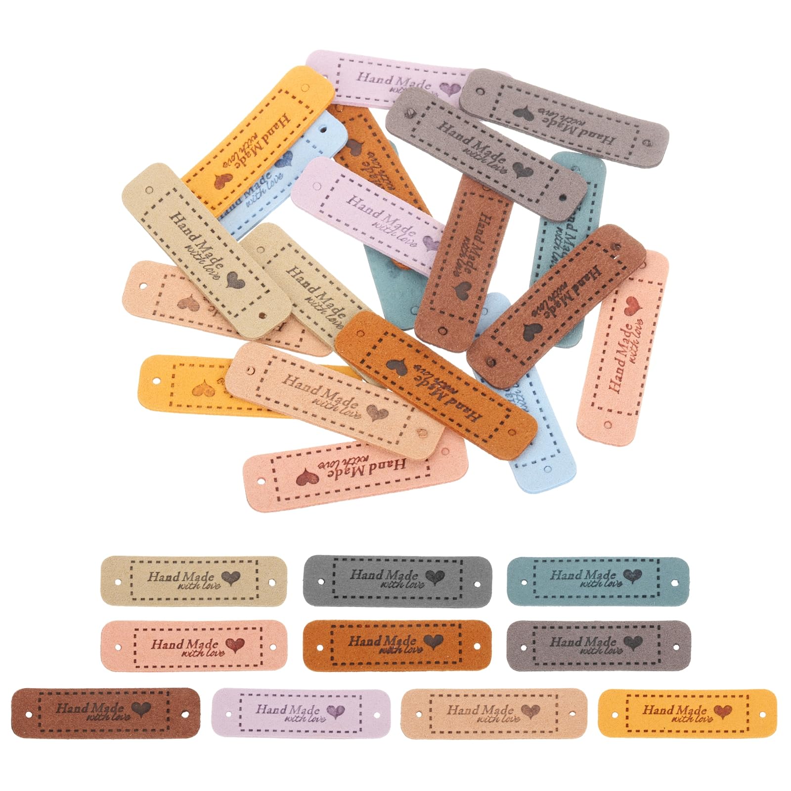 uxcell 20 Pcs Handmade Leather Labels, PU Leather Handmade Tags Button with Hole Embossed Tag for Embellishment DIY Sewing Crafts, 55x15mm, 10 Colors