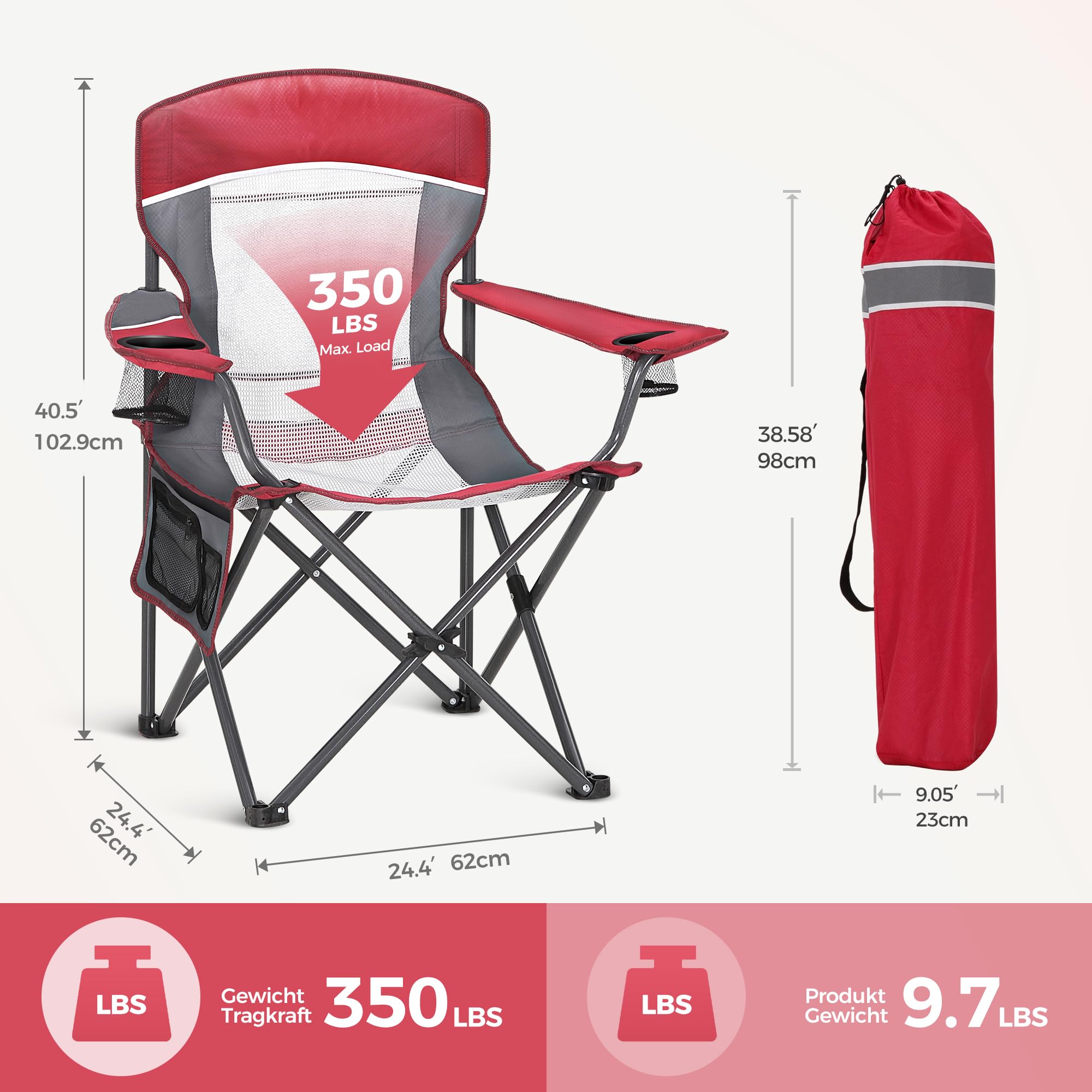 LET'S CAMP Chaise de camping portable pliable en maille avec porte-gobelet, sac de transport pour le camping, la pêche, la randonnée jusqu'à 150 kg