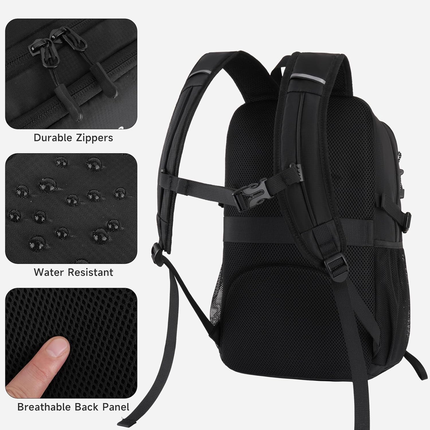 MOSISO Small Hiking Backpack for Men Women, Lightweight Hiking Backpack for Travel, Water Resistance Backpacks with 2 Front Pockets&Elastic Cord Strap for Camping Cycling Hiking Daypack, Black