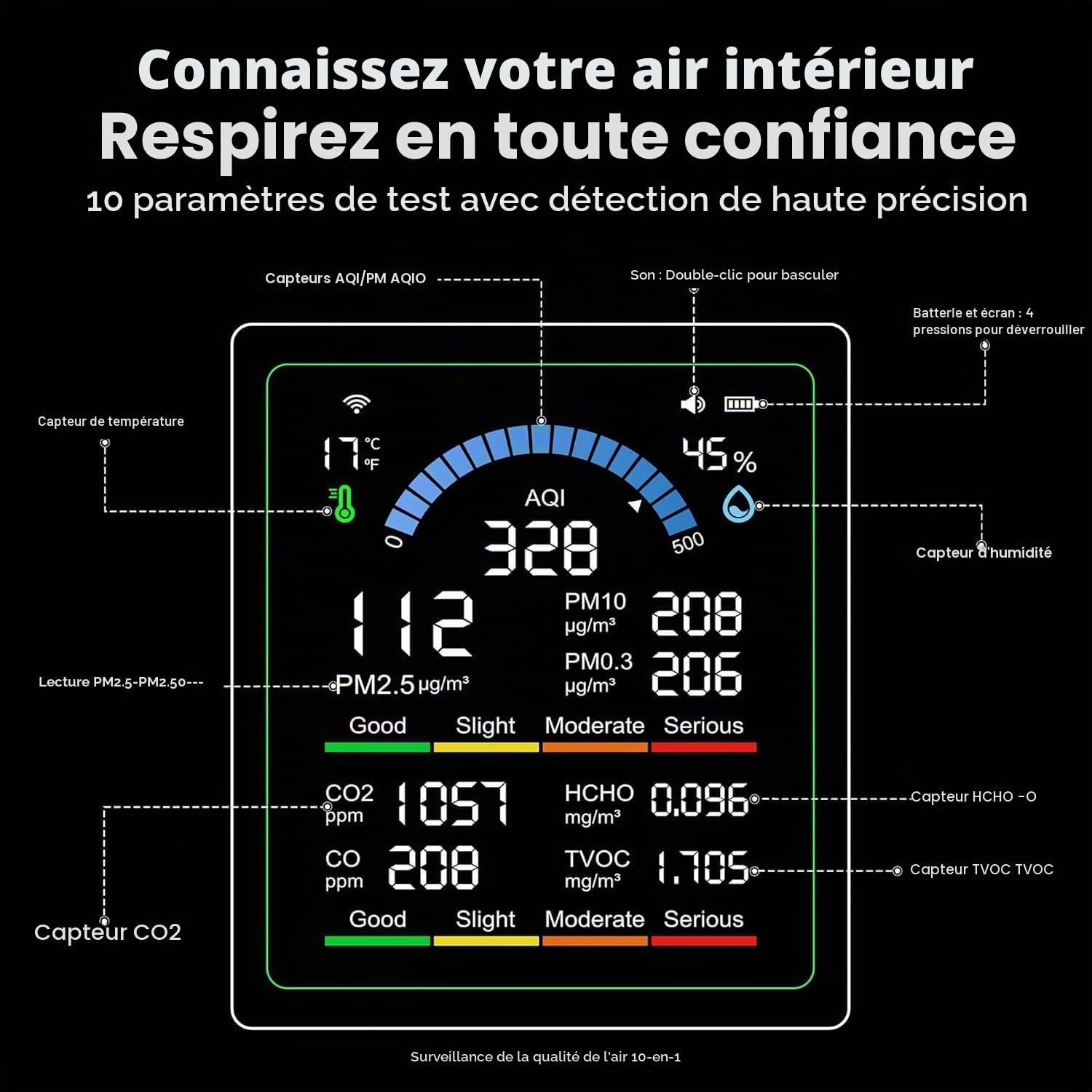 Moniteur de qualité de l'air intérieur 10 en 1 portable Smartair Testeur de qualité pour CO2 | CO | TVOC | HCHO | Temp | AQI | PM0.3-1 Hum de détection Hum pour la maison, les voitures, les plantes