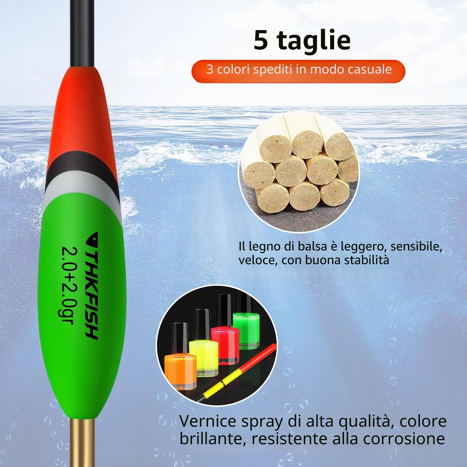 THKFISH Set di 5 galleggianti da pesca in legno con colori vivaci, 2,5 + 3 g/2,5 + 2,5 g/2,5 + 2,5 g/2,0 + 2,0 g/1,2 + 2,0 g/1,5 + 1,5 g (A)