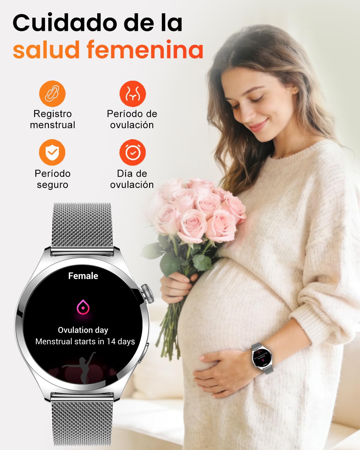 Reloj Inteligente Mujer Llamadas, Pantalla Curva HD de 1,27", Plata | Monitor de Frecuencia Cardíaca SpO2 Sueño, 120+ Modos Deportivos, Podómetro, IP68 Smartwatch Mujer, Android iOS, 2 Correas