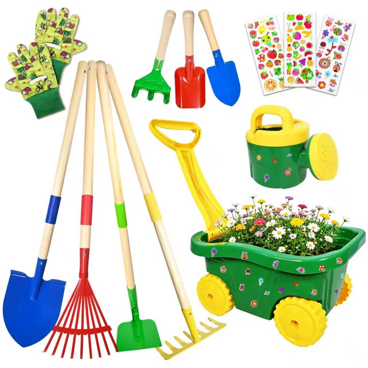 Schubkarre für Kinder, 13 Gartenwerkzeug Set für Kinder, Gartenset mit Schubkarre Kind, Kinderschubkarre mit Schaufel, Rechen, Gießkanne, Handschuhe, Sticker, Gartengeräte Garten (Farbig)