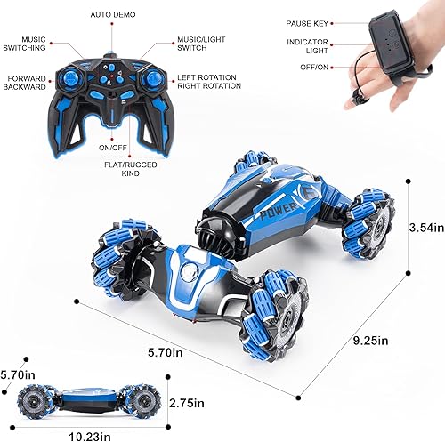 Miniatura 8 de Auto de acrobacias a control remoto, 2.4 GHz, 4WD, sensor de gestos, auto de juguete con control remoto de mano con luz giratoria de 360 y música,