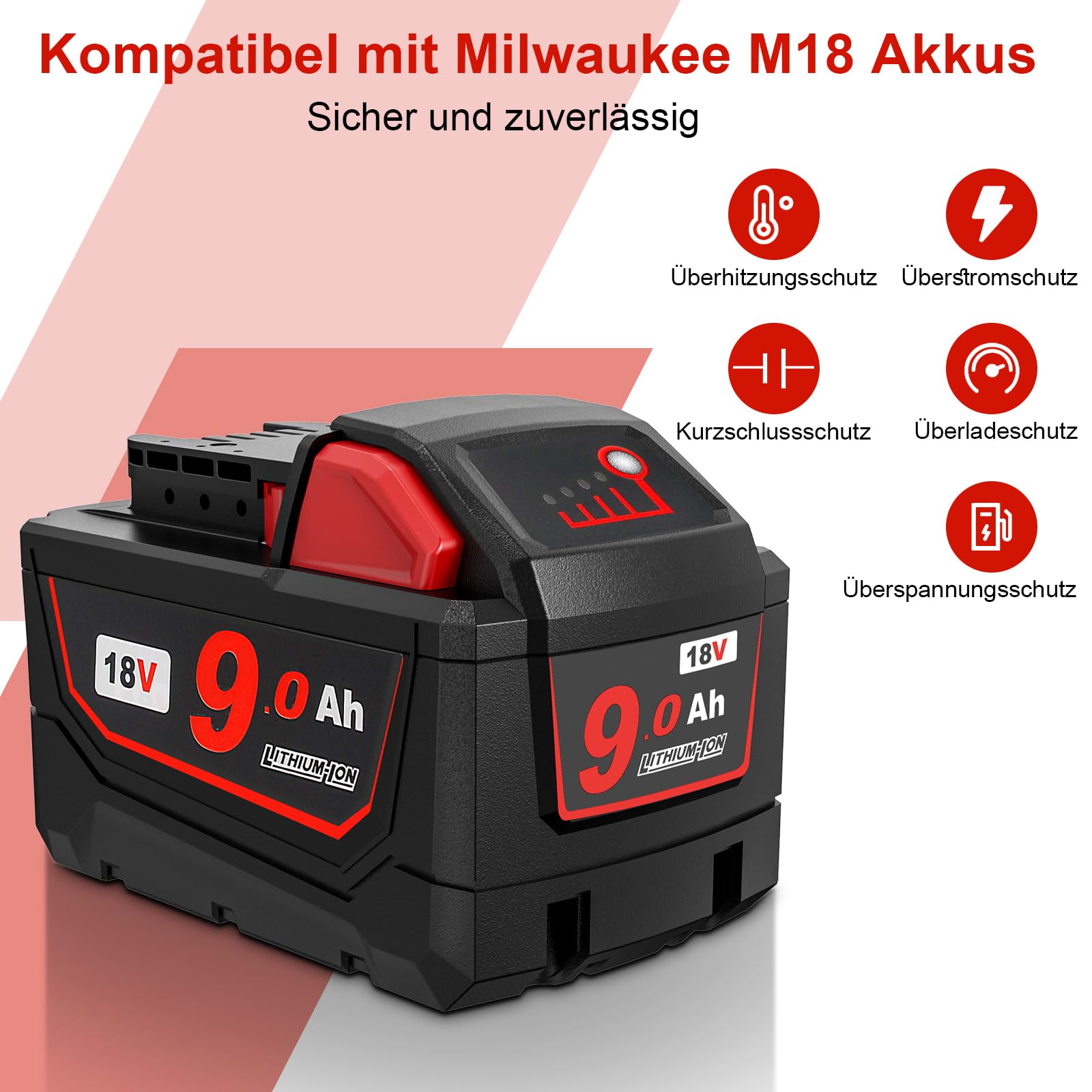 QUPERR 2 Stück 9,0Ah Ersatzakku für Milwaukee M18 Werkzeuge | Mit LED-Ladeanzeige, hoher Kapazität und Mehrfachschutz gegen Überladung, Überhitzung und Kurzschluss