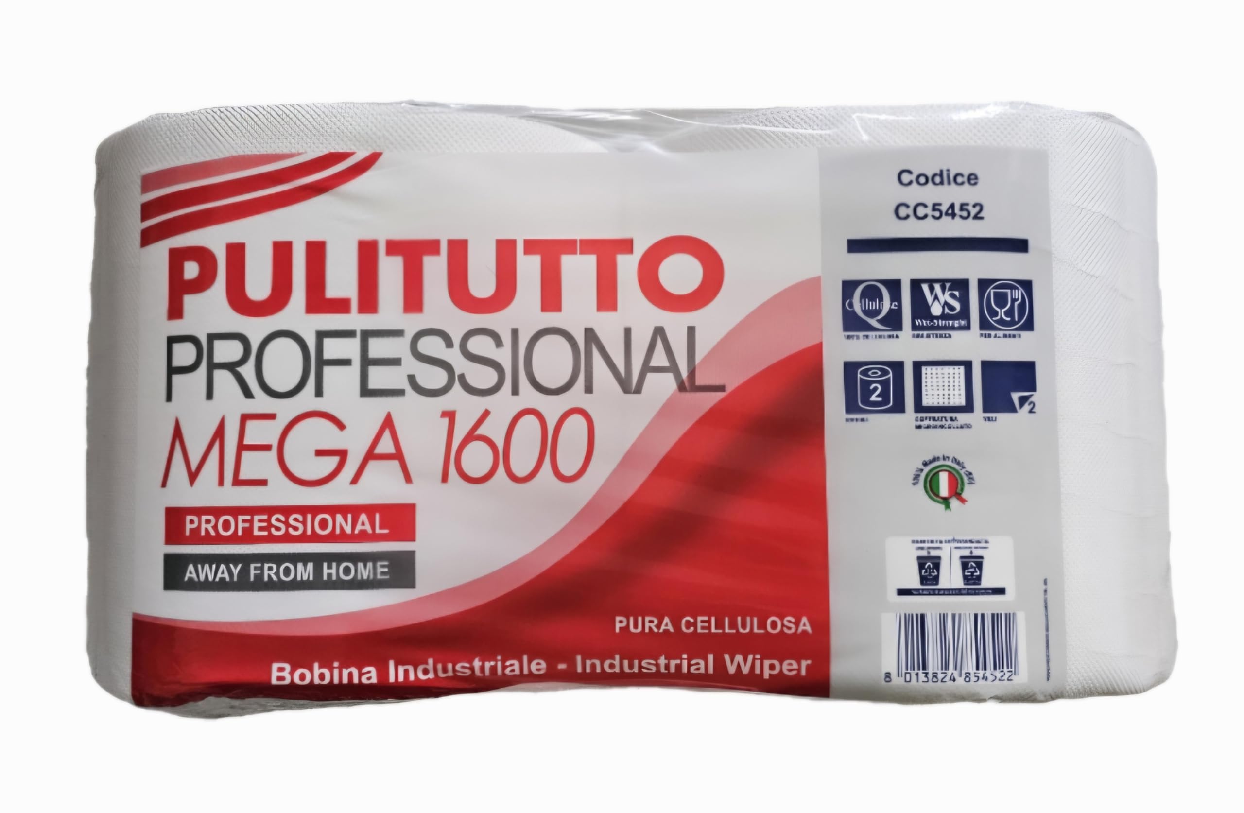 Bobine carta mega 1600 professional 2 velo, 100% Pura Cellulosa 1,6kg per coppia rotoloni carta asciugamani (8 rotoli, 4 coppie mega)