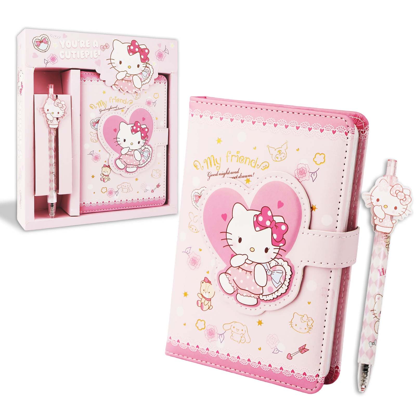 Ki-tty Diary Book, Cute Cat Notebook, Kids Leather Journal Notebook Set for Writing and Drawing, Kawaii Stationery Set with Pen Includes Colourful Inserts, Back to School Gift for Girl and Students