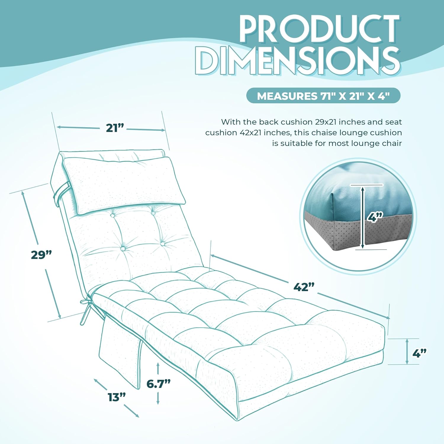 outdoor chaise lounge chair cushion, waterproof outdoor chair cushions for patio furniture, 71 x 21 x 4 inches replacement chaise lounge cushion with ties (teal) teal lounge chair cushions