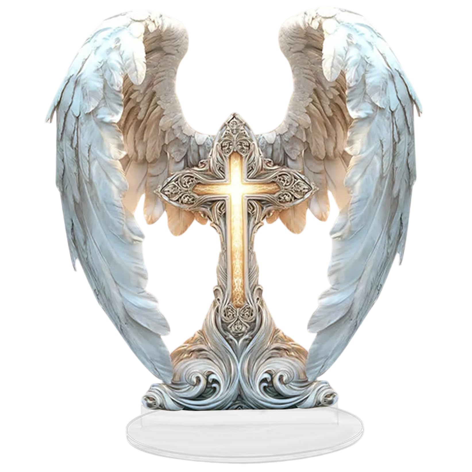 Nukinp Acrylic Cross, Realistic Detailed Angel Figurines with Wing, Religious Home Decor for Garden, Office, Church