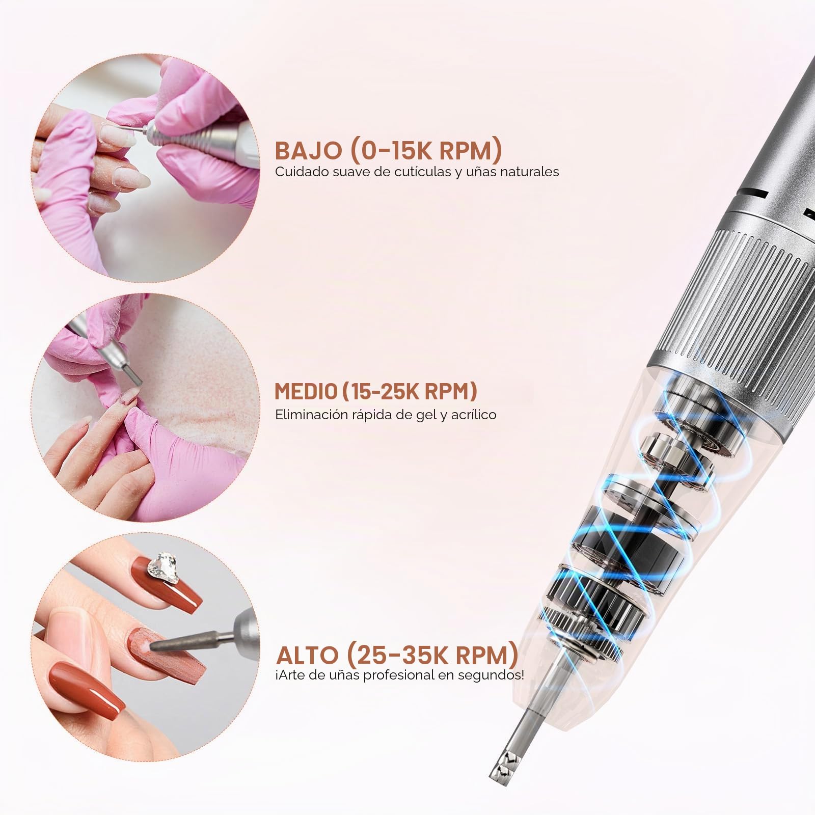 Delanie torno para uñas inalámbrica profesional 35000 RPM, lima de uñas eléctrica recargable con pausa bonton para manicura y pedicura | Manicura de uñas acrílicas con 7 brocas para uso doméstico y salón recargable