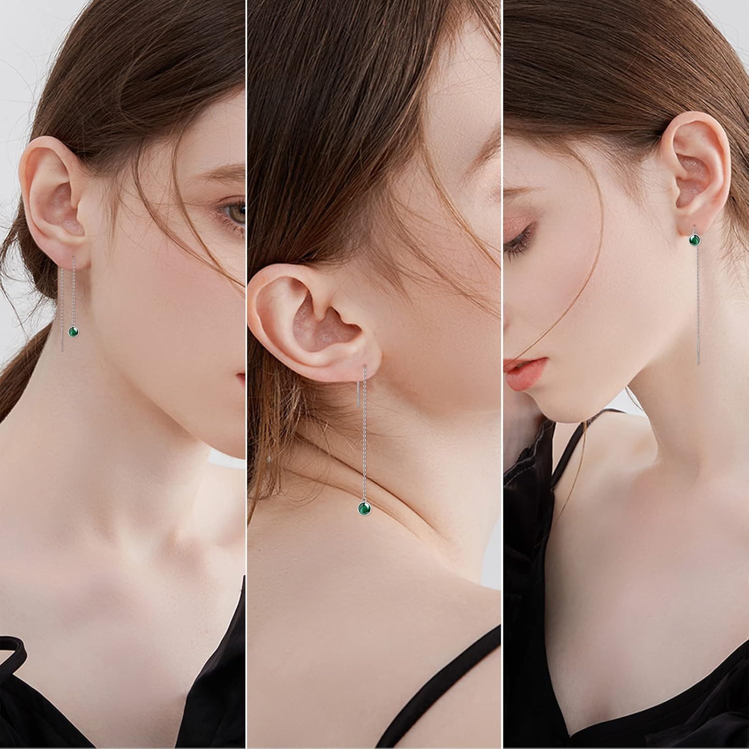 Woman Tassel Earrings Sterling Silver Gemstone Drop Earrings Long Chain Ear Line