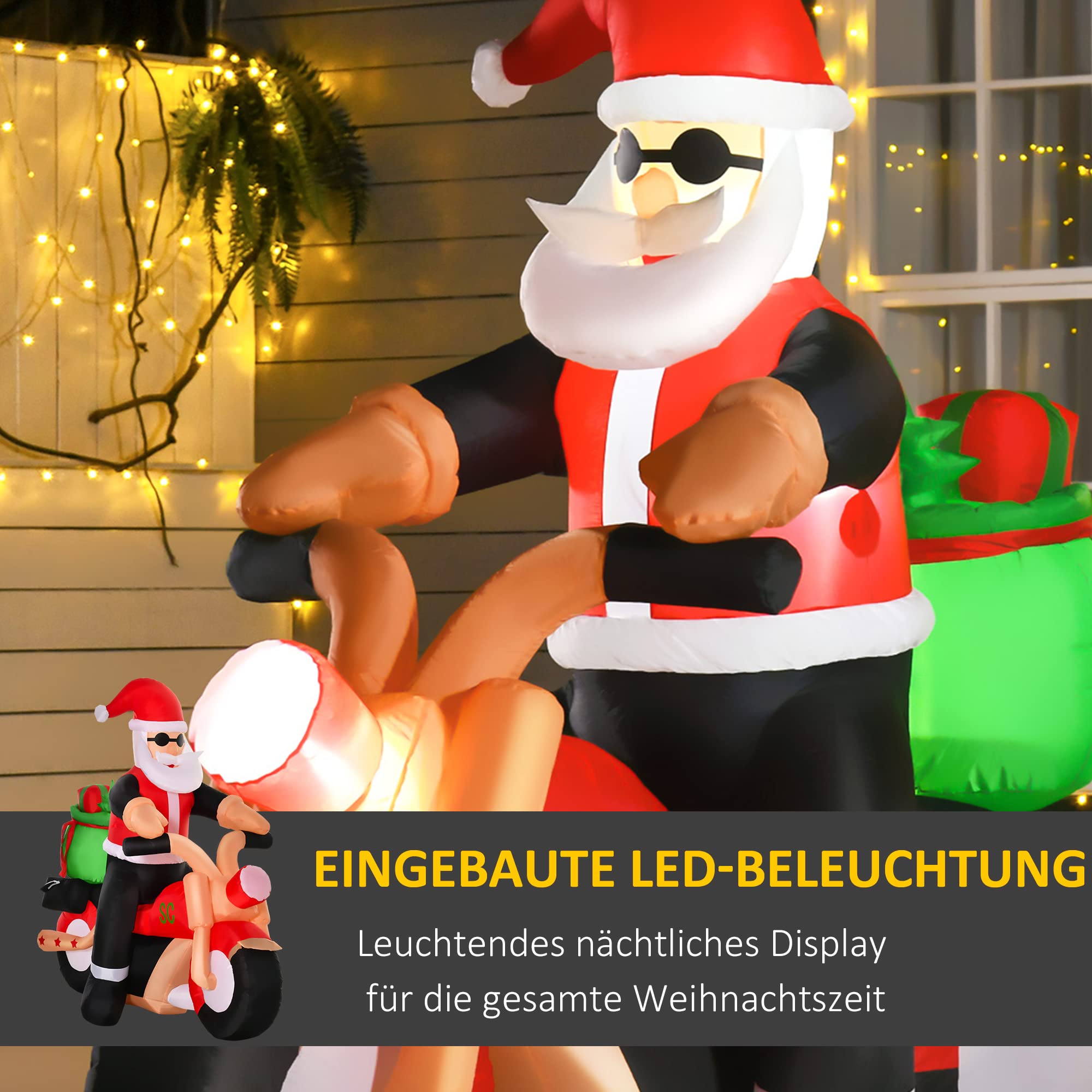 HOMCOM Aufblasbarer Weihnachtsmann auf einem Motorrad Beleuchtet 165 cm | Riesige Aufblasbar Weihnachtsdeko, LED-Licht, Weihnachtsdekoration, Santa Claus Nikolaus, für Drinnen/Draußen Garten Party