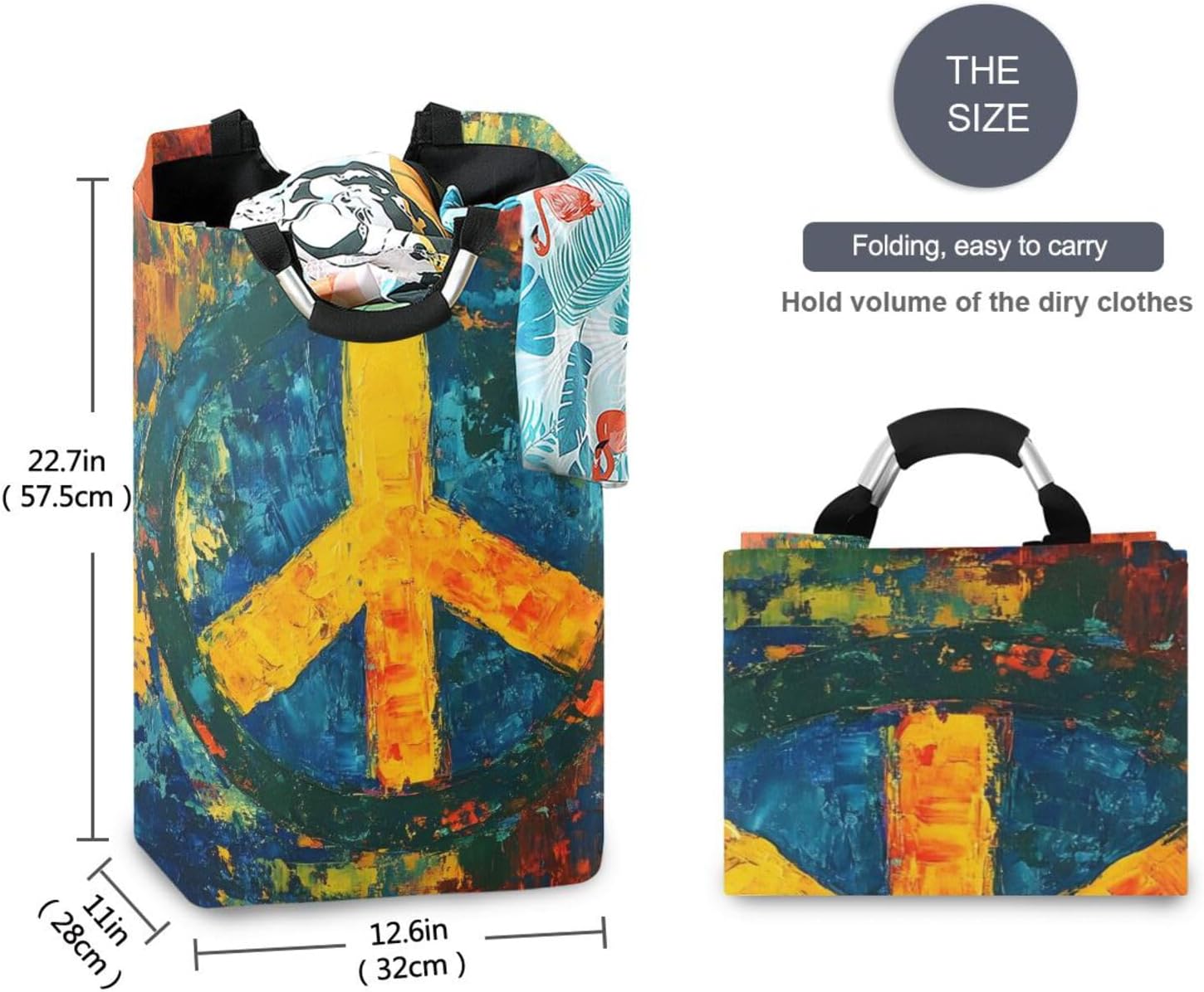AIXIWAWA Peace Sign Painting Laundry Basket Hamper 1 Pack, Collapsible Clothes Holder Dorm Home Laundry Bag with Handles